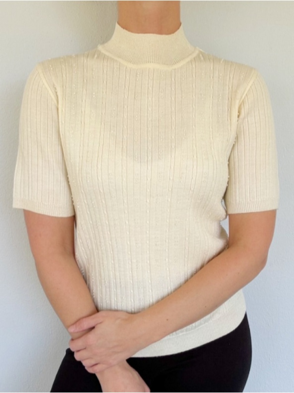 Alfred Dunner wool metallic cream beaded cable knit mock neck sweater size PM
